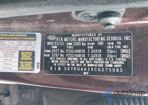 2012 Kia Sorento Ex V6 z USA, uszkodzony, nr VIN 5XYKU4A2XCG275085